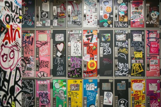 A wall completely covered in a variety of stickers, graffiti, and personal touches, showcasing individuality and personality