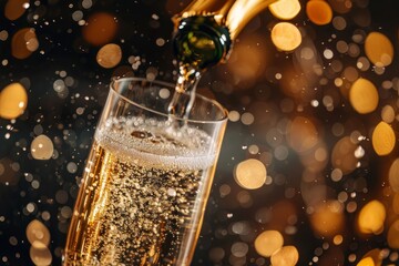 Champagne being poured into a glass, fizzing bubbles cascading upwards, capturing the excitement of a celebratory moment