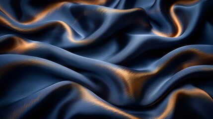A luxurious background in dark blue and gold. Texture of wavy silk fabric. - obrazy, fototapety, plakaty