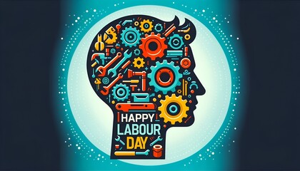 Illustration of silhouette of worker head filled with tools for happy labour day