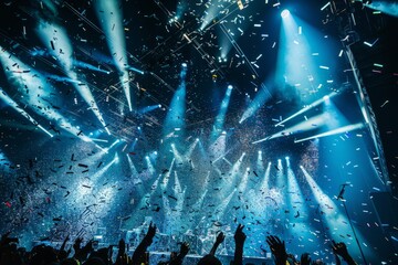 A group of individuals standing on a stage with spotlights shining on them, surrounded by confetti floating in the air