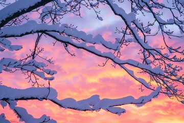 Snow covers clouds against a pink and blue sky with vibrant hues, creating a serene winter landscape