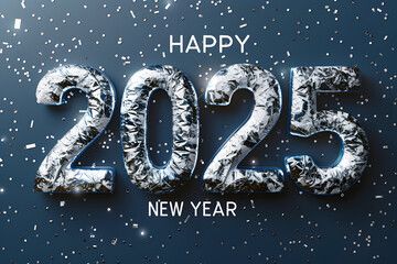 A blue background with silver letters that say Happy New Year 2025. The letters are made of ice and snow, giving the image a wintery and festive feel. Generative AI