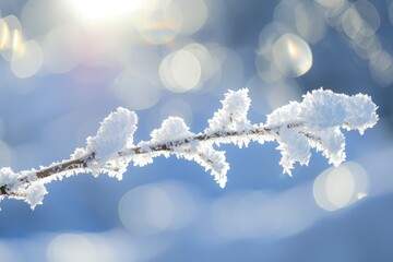 A detailed view of a single branch covered in snow with glistening ice crystals under sunlight
