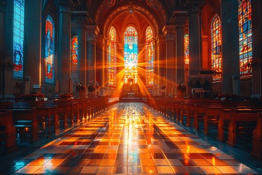 Sun rays pierce through stained glass windows in a Church