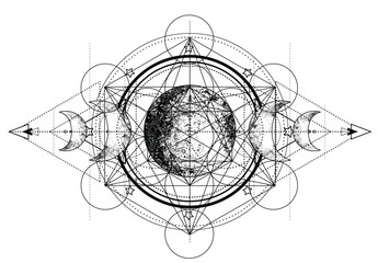 Fototapeta premium Metatron Cube. Moon pagan Wicca moon goddess symbol. Three-faced Goddess, Maiden, Mother, Crone isolated vector illustration. Tattoo, astrology, alchemy, boho and magic symbol. Coloring book..