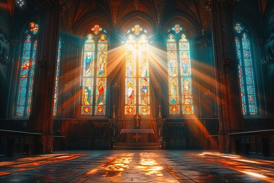 Sun rays pierce through stained glass windows in a Church
