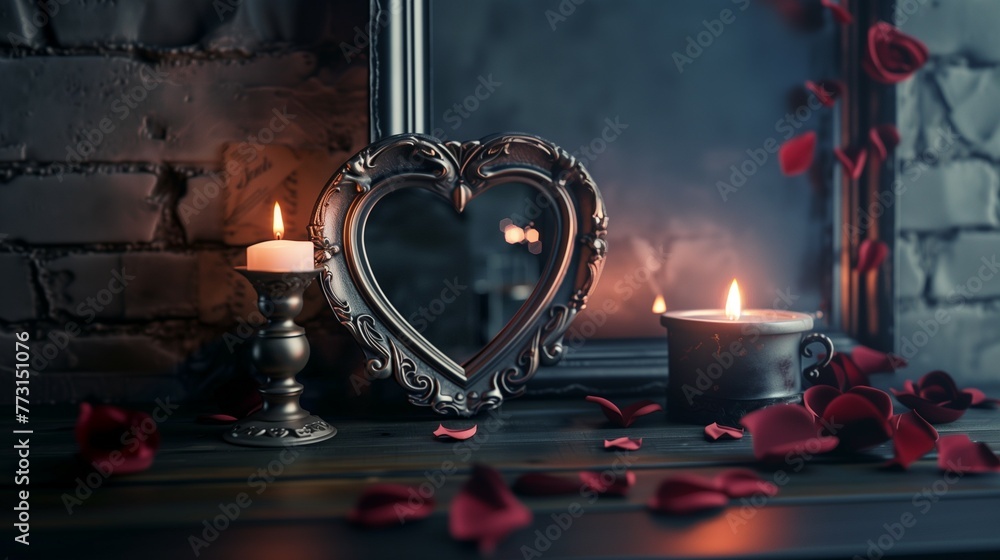 Wall mural heart shaped mirror, candles and red rose petals on the table near the old grey brick wall.