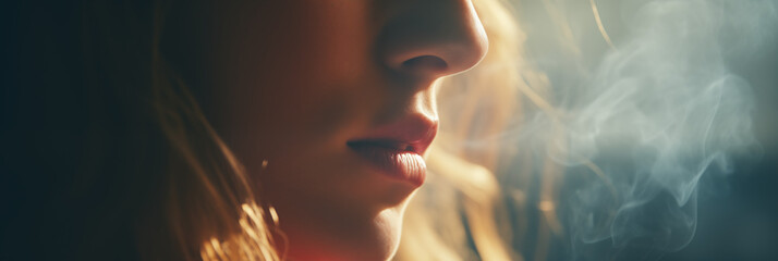 Woman exhaling smoke in cinematic light  - obrazy, fototapety, plakaty