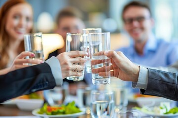 A group of colleagues sitting at a table, raising glasses of water in a celebratory gesture during a work-related event