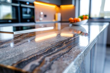 A marble countertop in a modern kitchen, featuring sleek lines and minimalist design