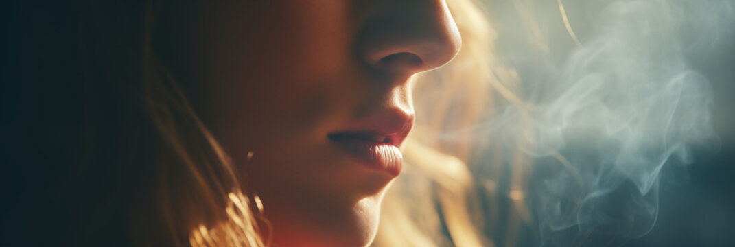 Woman exhaling smoke in cinematic light 
