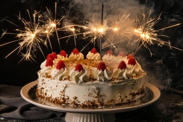 A birthday cake with white frosting and fresh strawberries on top, with sparklers adding a touch of excitement - Powered by Adobe