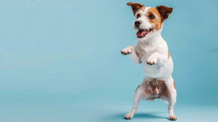 A playful dog is mid-jump, exuding joy and energy against a blue background.