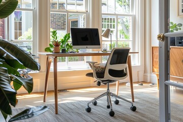 Mid-angle shot of a Scandinavian-inspired home office. The workspace features a minimalist desk, ergonomic chair, and ample natural light