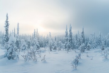Fototapeta na wymiar A panoramic shot of a vast snow-covered forest with countless trees blanketed in snow, stretching to the horizon