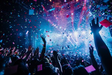 A lively crowd of people enjoying a concert as confetti falls from above onto performers on stage, creating a festive atmosphere