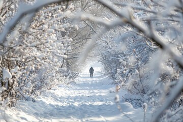 A person walking through a snowy forest with snow-covered branches framing the scene