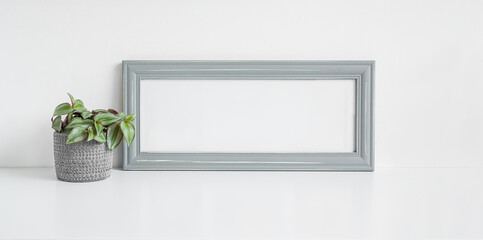 Gray mock up photo frame and home plant Tradescantia zebrina on a white background, banner