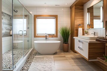 A Scandinavian-style bathroom with clean lines, geometric tiles, wood elements, and a tub and sink