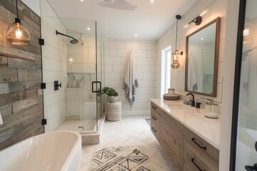 A wide-angle shot of a Scandinavian-style bathroom featuring clean lines, geometric tiles, and natural elements like wood and stone. The space includes a tub, sink, and shower