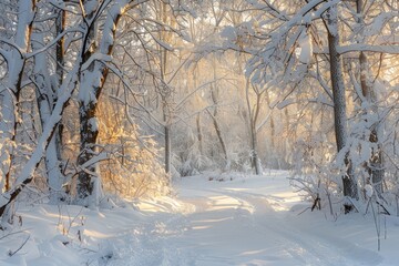 A path winds through a snowy forest with numerous trees covered in snow under a soft morning light