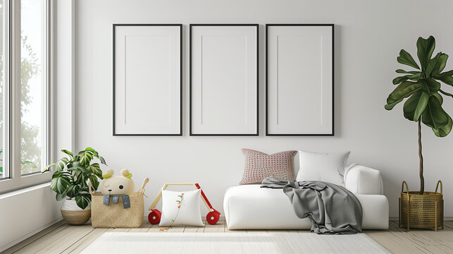 "Scandinavian Nursery with Playful Accents"
A bright, child-friendly room featuring a white sofa, playful stuffed toy, and wooden toy walker. Three blank frames hang above, next to a lush potted fiddl