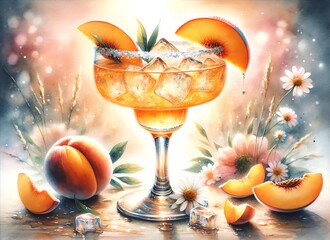 Vivid Watercolor Illustration of a Peach Margarita