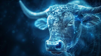 Blue wireframe mesh of a bull head with low polygons