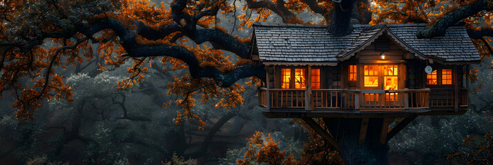  Treehouse - wooden dwelling built in a tall tree,
Fantasy tree house in the forest
