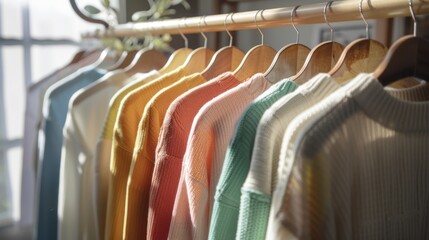 Row of colorful knitted sweaters hanging on a rack in a bright room with a window in the background.