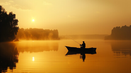 A man fishing from a small boat on a lake silhouette concept