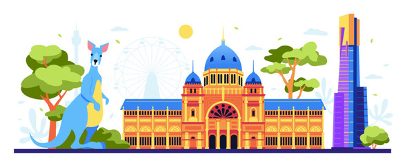 Royal Exhibition panorama - modern colored vector illustration with palace located in Melbourne, Australia and contemporary skyscrapers. Kangaroo as a national animal. Heritage and culture idea