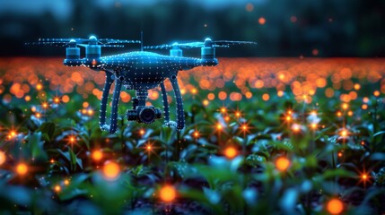 An illustration of a low polygonal wireframe style drone flying over a corn field. A smart farm. Agriculture, technology, and innovation. Modern illustration. - obrazy, fototapety, plakaty