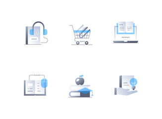 Books and knowledge - flat design style icons set. High quality colorful images of audio texts and headphones, buy literature, shopping, laptop, learning information online, education and ideas