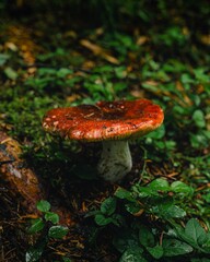 Red mushroom growing in a grassy area on the ground