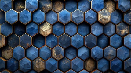 Modern illustration of abstract luxury dark blue and gold hexagons.