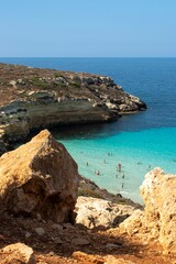 Aerial view of Spiaggia dei conigli - Lampedusa on a sunny day