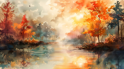 Autumn landscape with lake and forest. Digital painting. Vector illustration.