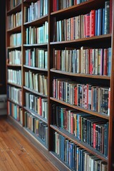A bookshelf holding numerous books arranged on a wooden floor