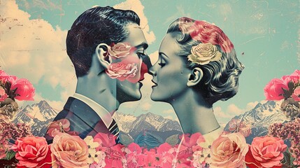 a digital collage mixing modern and vintage love themes with surreal, retro flair for a nostalgic, wondrous fee - obrazy, fototapety, plakaty
