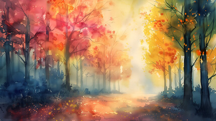 Abstract watercolor background with forest and sunset. Digital art painting.