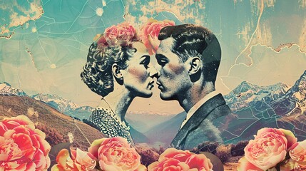 a digital collage mixing modern and vintage love themes with surreal, retro flair for a nostalgic, wondrous fee - obrazy, fototapety, plakaty
