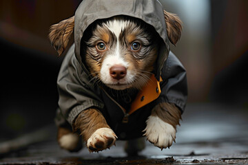 A playful puppy in a grey hoodie, skateboarding on a grey background. - obrazy, fototapety, plakaty