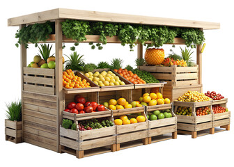 Farmer's Street Market Stand: Fresh Ripe Fruits in Wooden Boxes, Yellow Apples, Pears, Bananas, Oranges, Tangerines, Melons, Pomegranates, Green Plants. Front View. isolated transparent 