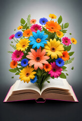 an open book with a bunch of flowers on it