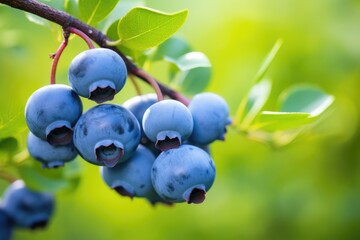 Fototapeta premium Ripe blueberries on a branch Shallow depth of field A branch with blueberries against a blurred background, AI generated