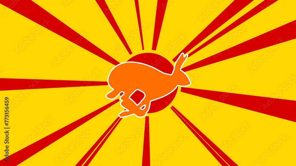 Poster hare runs symbol on the background of animation from moving rays of the sun. large orange symbol inc