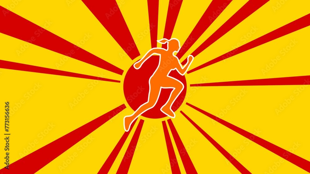 Poster running woman symbol on the background of animation from moving rays of the sun. large orange symbol