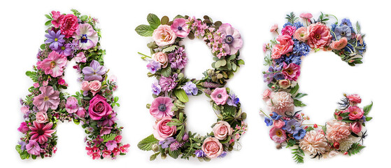 Flower font alphabet A, B, С made of colorful floral letters on white background